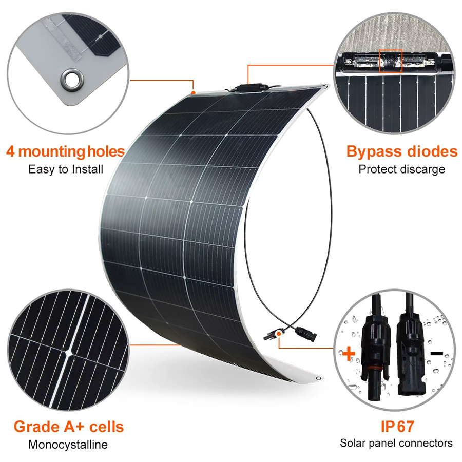 JINGYANGPV Flexibles Monokristallines Solarpanel 125W 250W 18V in Schwarz für 12V/24V Batterieladegeräte und Home System Kits in RV oder Boot - Bild 3