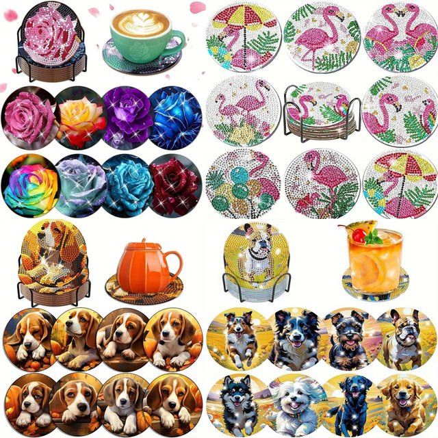 8 Stück Diamant-Kunst-Untersetzer Set mit Halterung, DIY Untersetzer Serie mit Tier- und Blumenmotiven, Mehrfarbig, Rund - Bild 1