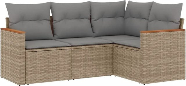 vidaXL 4-tlg Garten-Sofagarnitur L-Form in Beige mit Kissen und Stauraum aus Poly-Rattan und Akazienholz - Bild 1