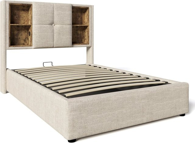 okwish Polsterbett mit USB-C Ladeport und Bettablage in Natur Leinen, B/T/H: 90 x 200 x 100,5 cm, Farbe: Beige/Braun - Bild 1