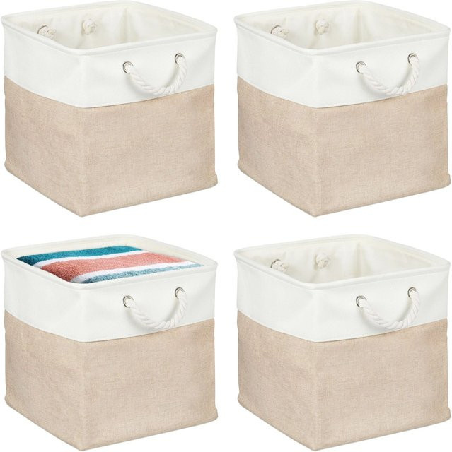 Relaxdays Aufbewahrungskorb 4er Set aus Leinen in Beige mit Metallrahmen, B/T/H: 33 x 33 x 33 cm - Bild 1