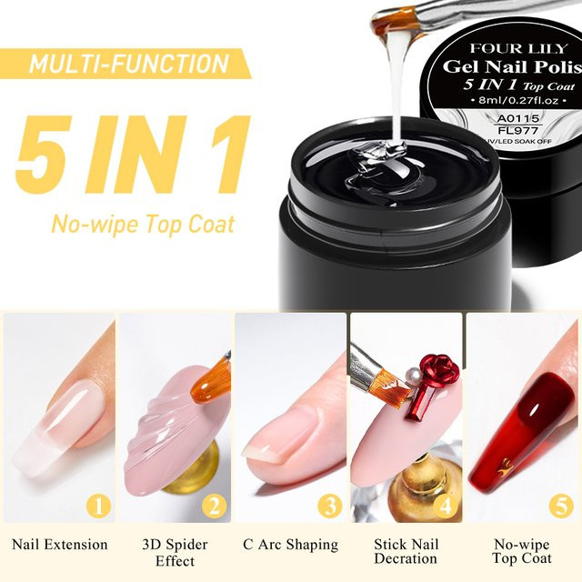Four Lily 5-in-1 Verstärkungsgel No-Wipe Top Coat, 8 ml, Glänzend - Bild 1