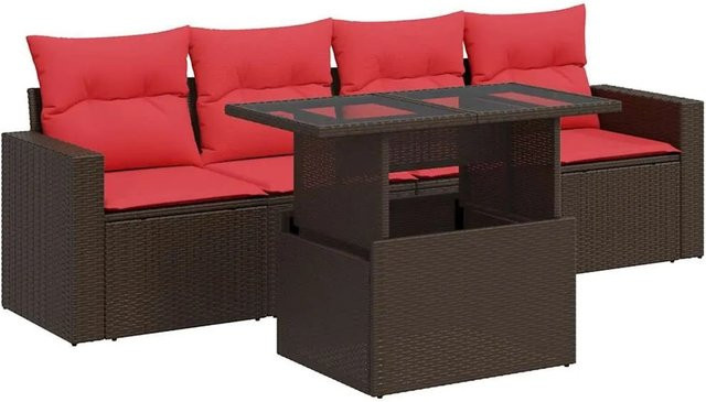 vidaXL 5-teilige Garten-Sofagarnitur aus braunem Poly-Rattan und Akazie mit Kissen - Bild 1