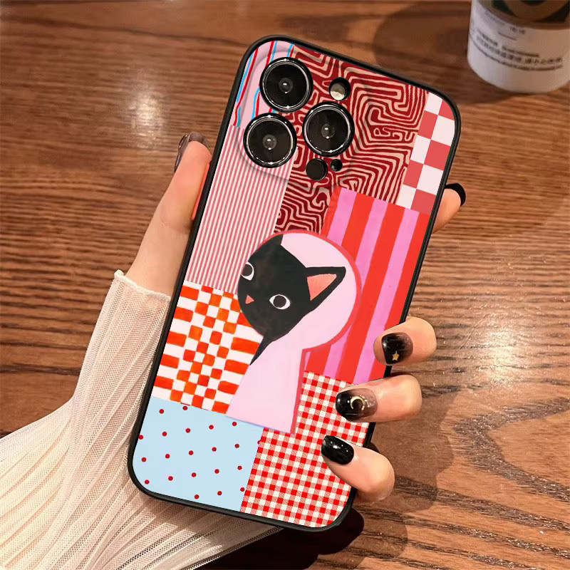 Handyhülle mit künstlerischem Katzenmotiv und Streifenmuster für Apple iPhone Modelle in Schwarz und Multicolour - Bild 2