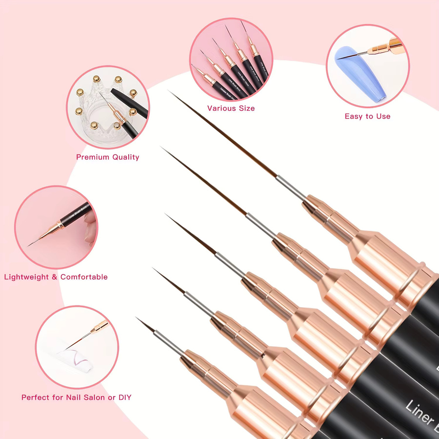 MOGLOO Nail Art Liner Striping Pinsel, 5 Stück, Rosa Metallgriff - Bild 2
