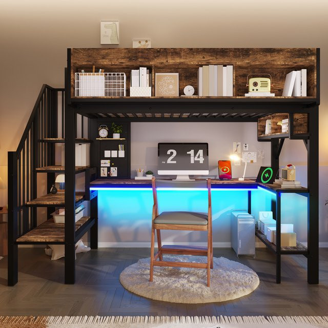 KOMHTOM Vintage Kinder-Hochbett in Schwarz mit Eckschreibtisch, Stauraum, Lochplatte, USB-Typ-C Steckdose und LED-Beleuchtung, Maße: 90 x 200 cm - Bild 1