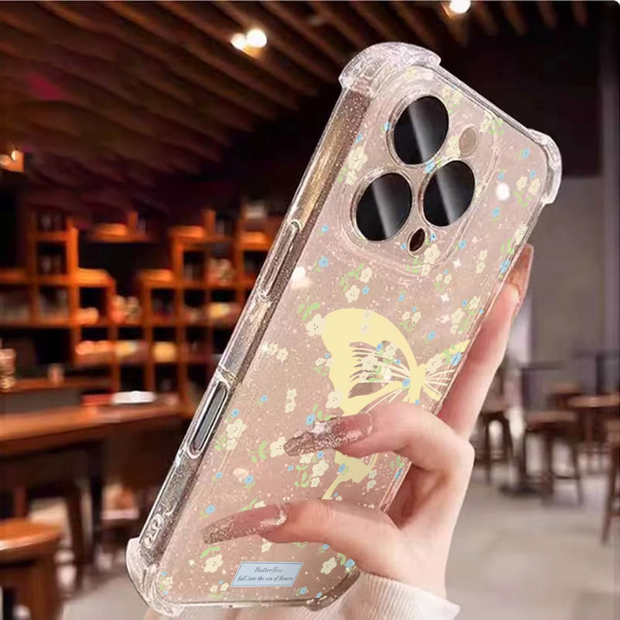 Transparente Silikon Handyhülle mit Schmetterlings-Blumenmuster und Glitzer-Effekt für iPhone 11 bis iPhone 17 Pro Max - Bild 2