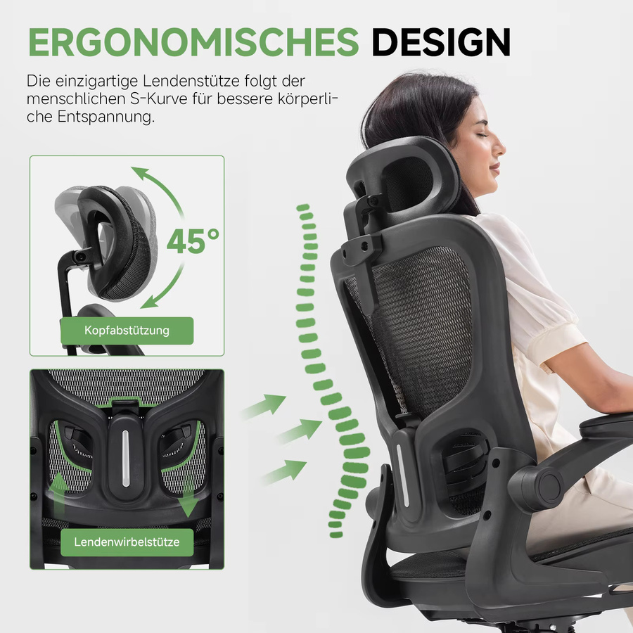 GTPLAYER Ergonomischer Bürostuhl CH90-BLK in Schwarz mit verstellbarer Kopfstütze, Wippfunktion und Mesh-Rückenlehne - Bild 6
