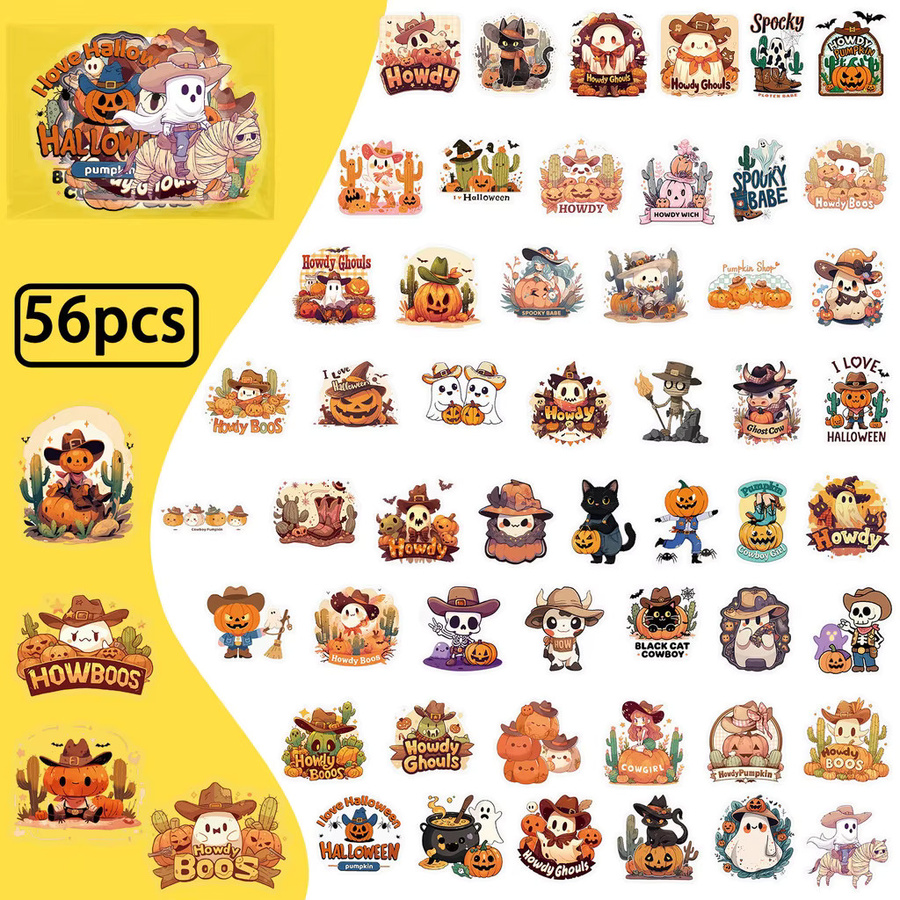 56-teiliges Set transparente PET-Aufkleber mit Halloween-Cowboy Motiven von BulingBulingStickers Store in Multicolor für DIY-Handtagebücher - Bild 2