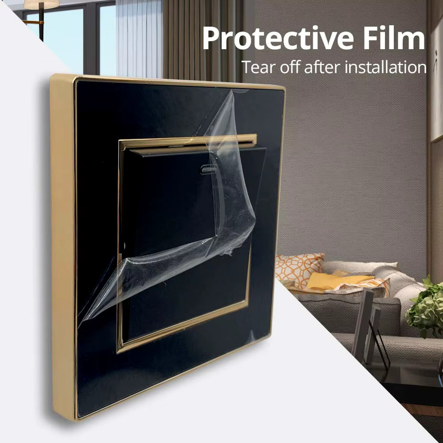 Wallpad Kombination aus EU-Steckdose mit USB und 2-Wege-Wandlichtschalter mit LED-Bewegungssensor, schwarzes Acryl-Panel mit goldenem Rand - Bild 2