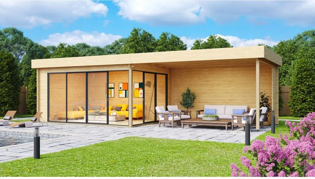 Fjordholz Gartenhaus Alu Concept 44 A mit Anbau aus imprägnierter Kiefer in Braun - Bild 1