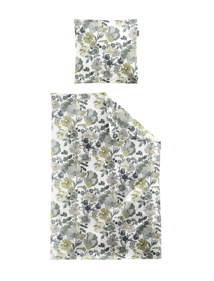 Irisette Wave Mako-Satin Bettwäsche mit floralem Blumenmuster in Salbei, Gelb und Natur, B/H: 155 x 220 cm mit Kissenbezug 80 x 80 cm - Bild 1