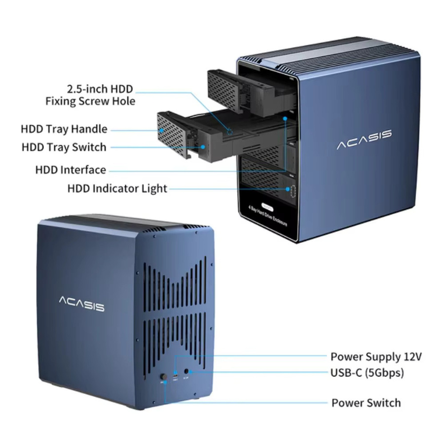 Acasis 4-Bay externes Festplattengehäuse für 2,5 und 3,5 Zoll SAS/SATA mit USB-C-zu-USB-A/C-Anschluss HDD-Dockingstation - Bild 6