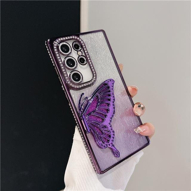 Luxus Handyhülle mit Diamantrahmen und Schmetterlings-Ständer für Samsung Galaxy S25 Ultra, S24 FE, S23, S22, S25 Plus, A16, A55, A56 in Purple - Bild 1