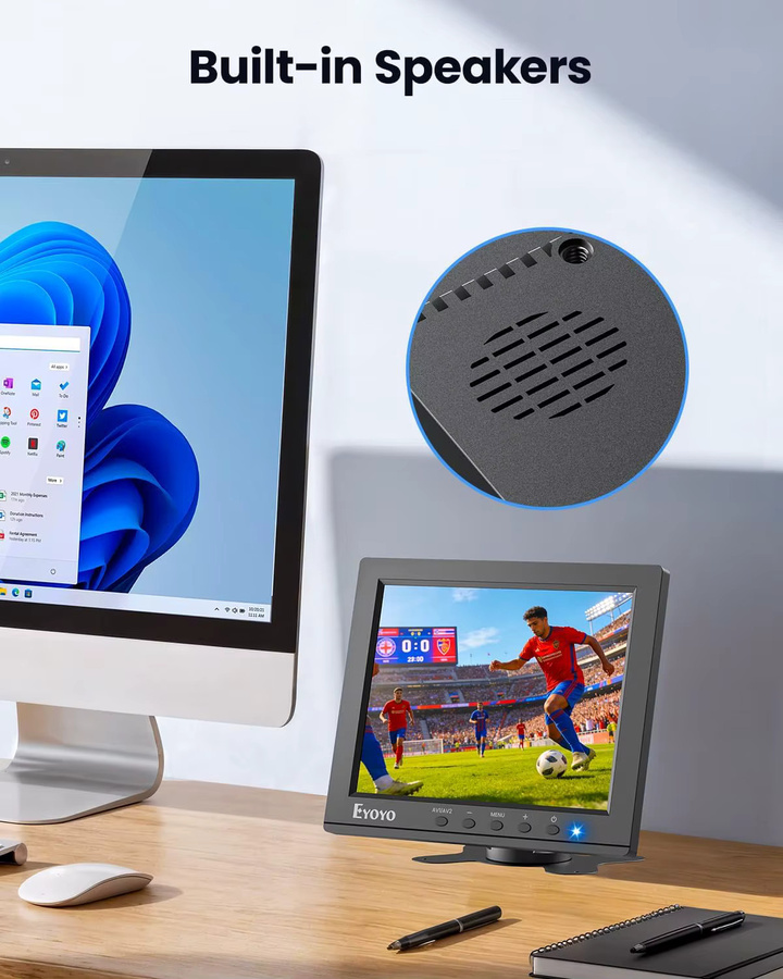 Eyoyo 8-Zoll Überwachungskamera-Monitor in Schwarz mit 1024x768 Auflösung, HDMI, VGA, BNC, AV und USB Anschlüssen sowie integrierten Lautsprechern - Bild 5