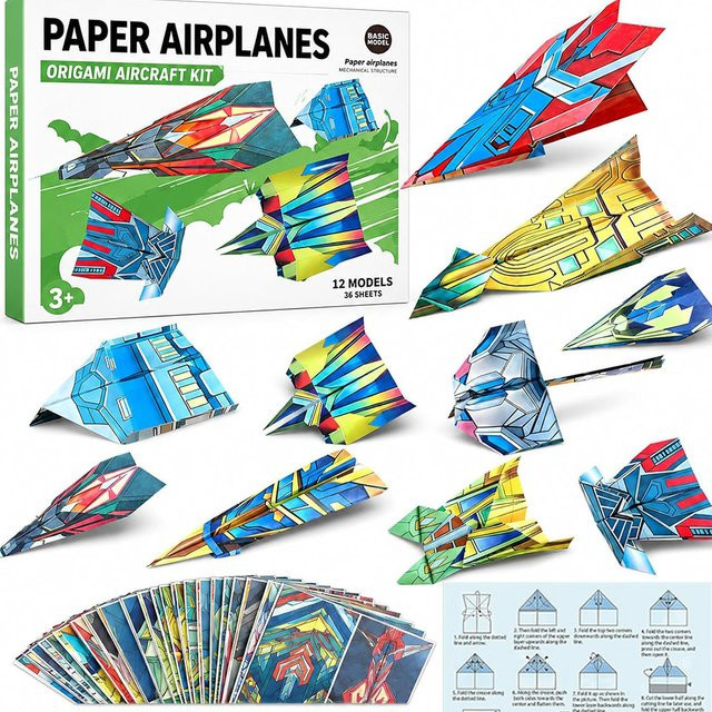 Klassisches Weltrekorde Papierflugzeug-Set aus buntem Origami-Faltpapier für Kinder und Schüler, DIY Bastelspielzeug zum Basteln von Weltraum-Motiven, Mehrfarbig - Bild 1