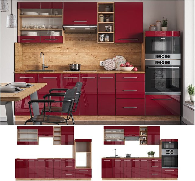 Vicco Küchenzeile Fame-Line Einbauküche in Bordeaux Rot und Eiche, moderne Küchenblock-Kombination mit Soft-Close-Türen, Breite: 280 cm - Bild 1