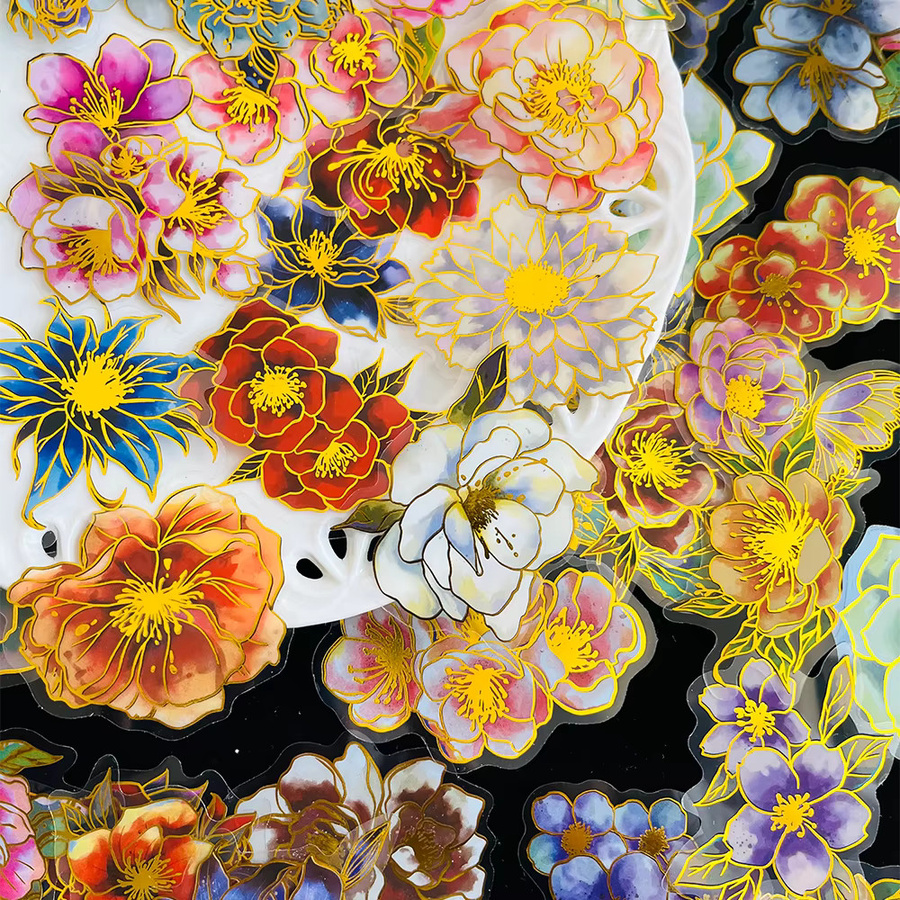 50 Stück florale Aufkleber mit Goldfolie in Multicolour für DIY-Projekte wie Notizbücher und Wasserflaschen - Bild 2