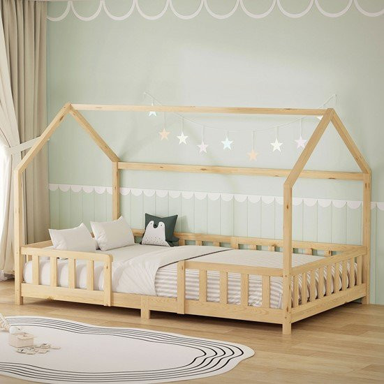 ML-Design Kinderbett mit Hausrahmen aus Kiefernholz und Rausfallschutz, Farbe: Beige oder Braun, B/T/H: 120 x 200 x 135 cm - Bild 1