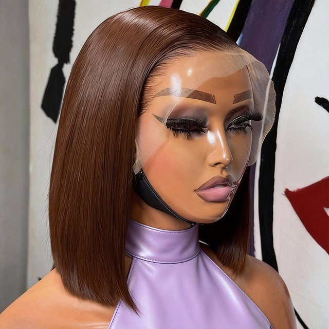 HJ WEAVE BEAUTY Perücke, schokoladenbraun, kurze Bob-Perücke, Echthaar, Unisex - Bild 1