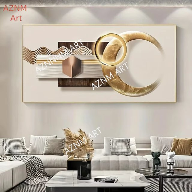 AZNM Wandkunst Modern Minimalistisch mit goldenem geometrischem Muster auf HD Leinwand - Bild 1
