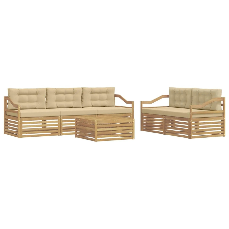 vidaXL Outdoor-Sofagarnitur aus Akazienholz mit Polstern in Weiß und Beige, 6-teiliges Set mit Tisch und Sitzkissen im modernen Latten-Design - Bild 2