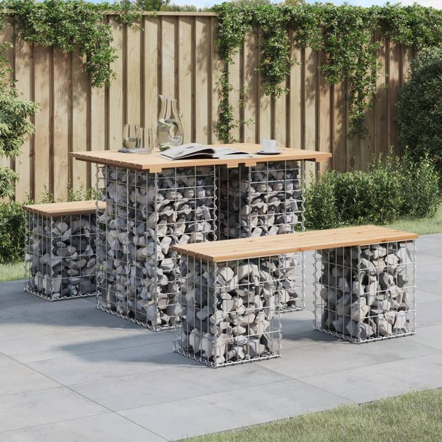 Vidaxl Gartenbank mit Gabione aus massivem Kiefernholz in Braun, B/T/H: 100 x 70 x 72 cm - Bild 1