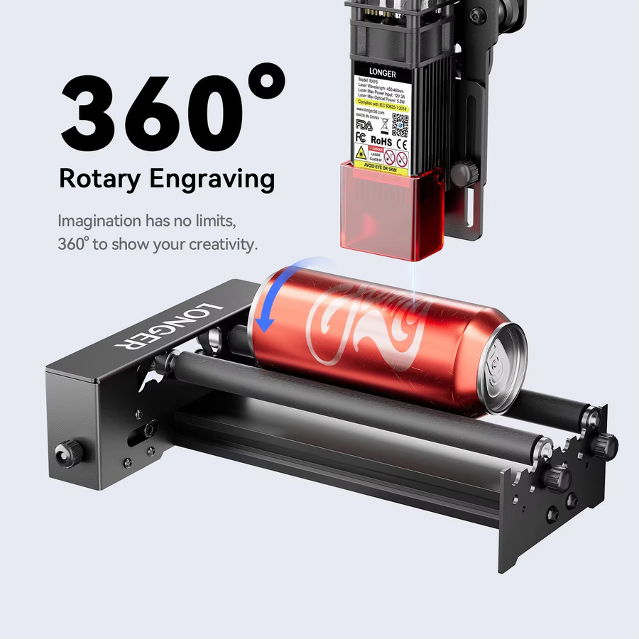 LONGER Laser-Gravierer-Drehwalzen-Zubehör 360-Grad-Drehachse in Schwarz für zylindrische Werkstücke wie Kelche, Tassen, Becher und Flaschen mit einstellbarem Gravurdurchmesser von 6 mm bis 200 mm - Bild 2