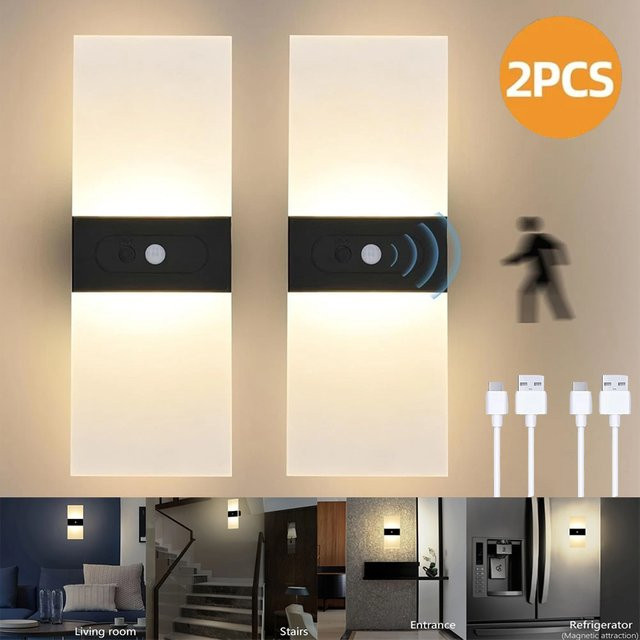 2er-Set UMEXUS LED Wandleuchten mit Bewegungssensor und Touch-Funktion, USB-aufladbare Nachtlichter in Weiß für das Schlafzimmer, Warmweiß - Bild 1