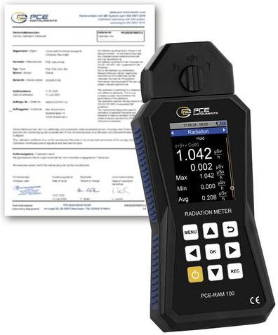 PCE Instruments Geigerzähler PCE-RAM 100-ICA in Schwarz mit ISO-Zertifikat zur Messung von α-, β- und γ-Strahlung sowie cps, cpm, µSv und mrem und 32GB Speicher - Bild 1