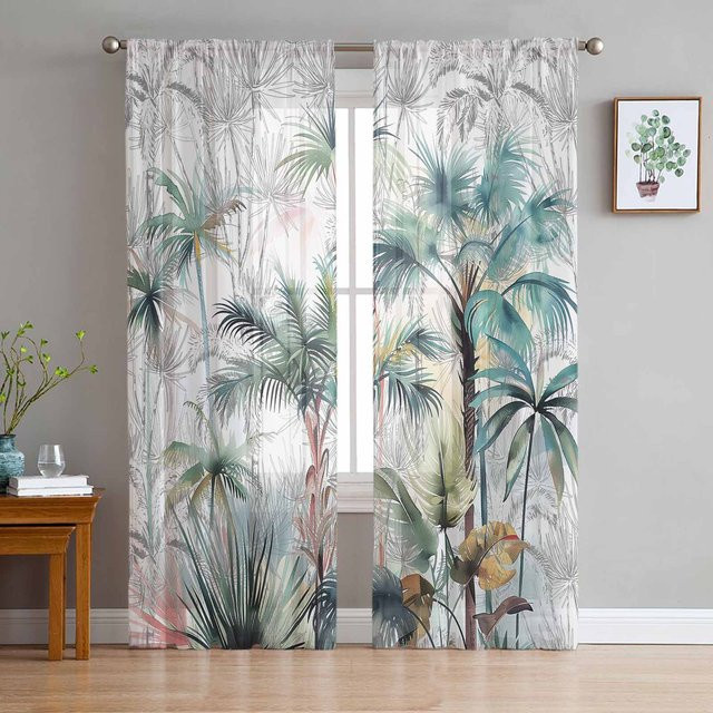 Transparente Tüll-Voile-Organza-Vorhänge mit tropischem Pflanzen- und Palmenmuster von Household supplies MH, Farbe: Transparent/Mehrfarbig, B: 135 cm, H: 160 cm, 2er-Set - Bild 1
