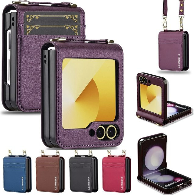 Leder Crossbody-Kartenetui für Samsung Galaxy Z Flip 8 7 FE 6 5 4 3 5G mit Handschlaufe und Lanyard-Tasche in Braun und Lila - Bild 1
