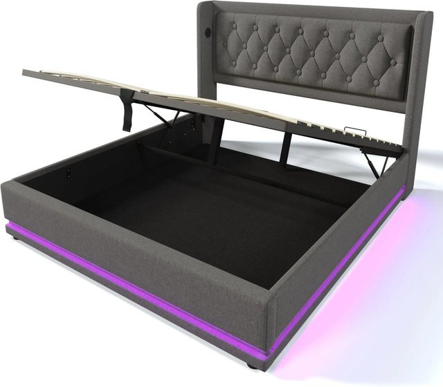 Merax Polsterbett Grau mit LED-Unterbettbeleuchtung, USB-C Anschluss und hydraulischem Lift-up-System, B/T/H: 160 x 200 x 101 cm - Bild 1