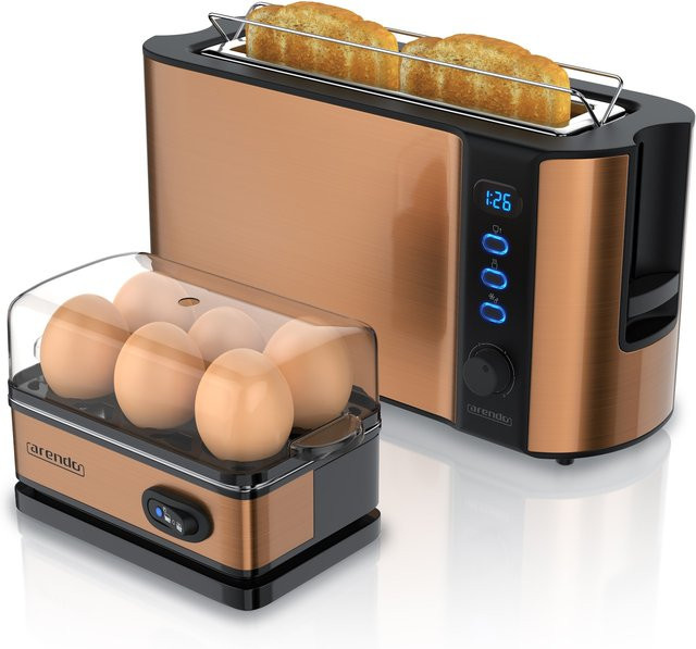 Arendo Frühstücks-Set 2-teilig mit 6er Eierkocher von SIXCOOK und 2-Scheiben Langschlitz Toaster in Kupfer und Gold - Bild 1