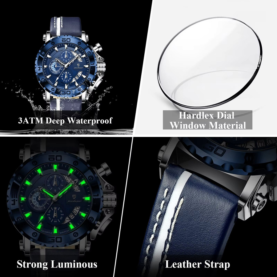 POEDAGAR Chronograph, Quarz, Leder, Blau, Roségold, Herren - Bild 4