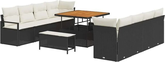vidaXL 11-teiliges Garten-Sofaset in L-Form aus Polyrattan und Akazie mit Kissen in Schwarz und Weiß - Bild 1