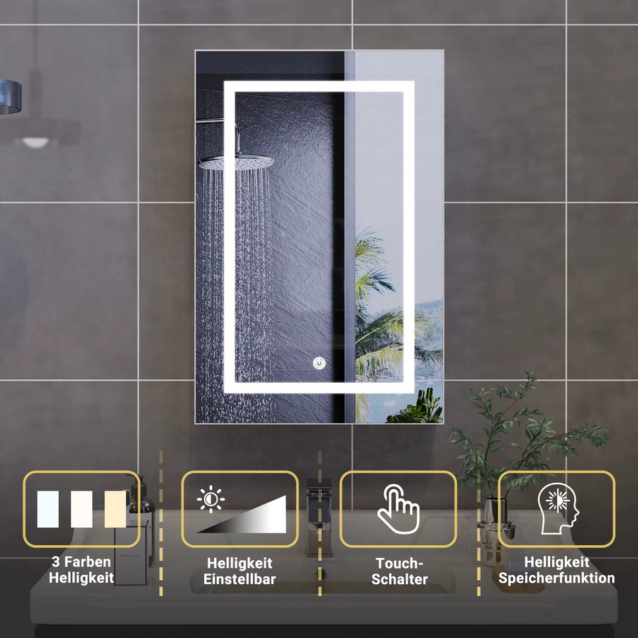 Rosahqnda Badspiegelschrank in Weiß, moderner Wandspiegelschrank mit LED-Beleuchtung, Glaselementen und offenem Stauraum - Bild 2