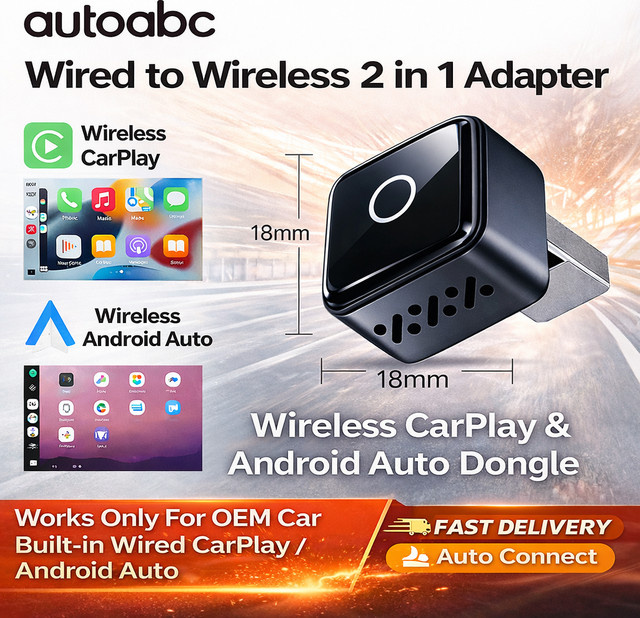 AUTOABC 2in1 Wireless CarPlay und Android Auto Adapter AI Smart Box in Schwarz für VW Toyota Nissan Honda Ford Benz - Bild 1