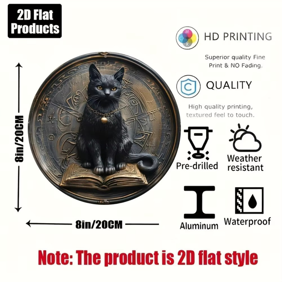 Rundes Aluminium-Deko-Schild von CIFBUY mit Vintage schwarzer Katze und Buch Design, Durchmesser: 20,32 cm - Bild 2