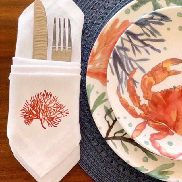 Sanat Serviette mit Korallen-Stickerei und Hohlsaum aus Baumwolle und Leinen in Multicolor und Rot, B: 24,0 cm - Bild 1
