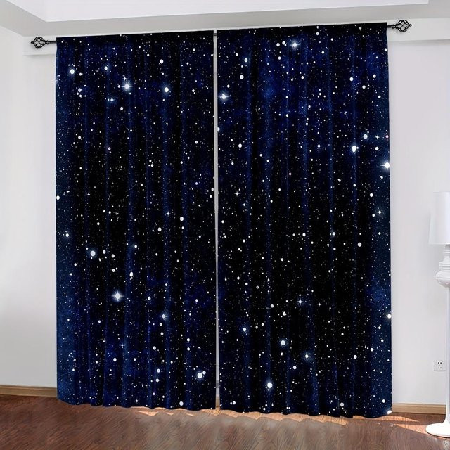 2er-Set Galaxy Sternenhimmel Vorhänge mit glänzenden Sternen in Schwarz und Blau, semi-transparent, B/H: 210 x 230 cm - Bild 1