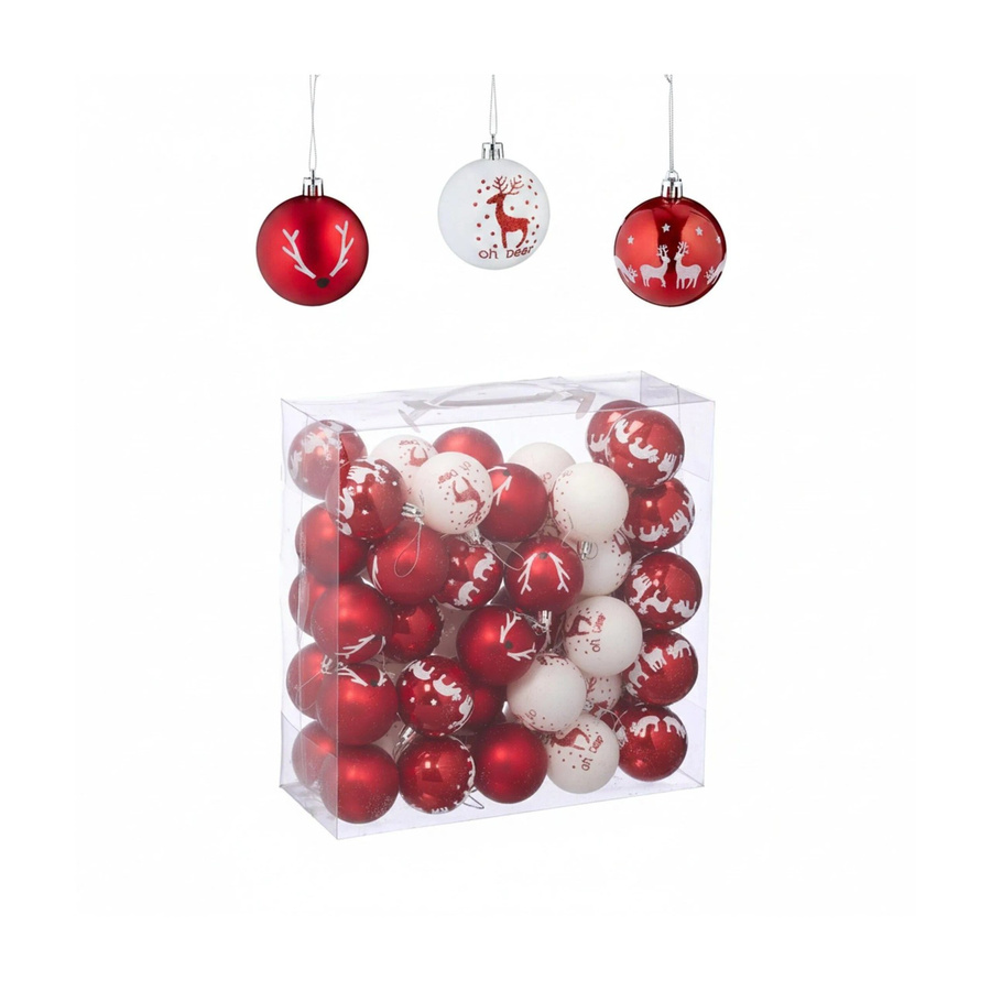 Relaxdays Weihnachtskugeln Set mit Rentier-Motiv aus Kunststoff in Weiß und Rot, 50er Set, Durchmesser: 7,5 cm, Tiefe: 6 cm - Bild 2