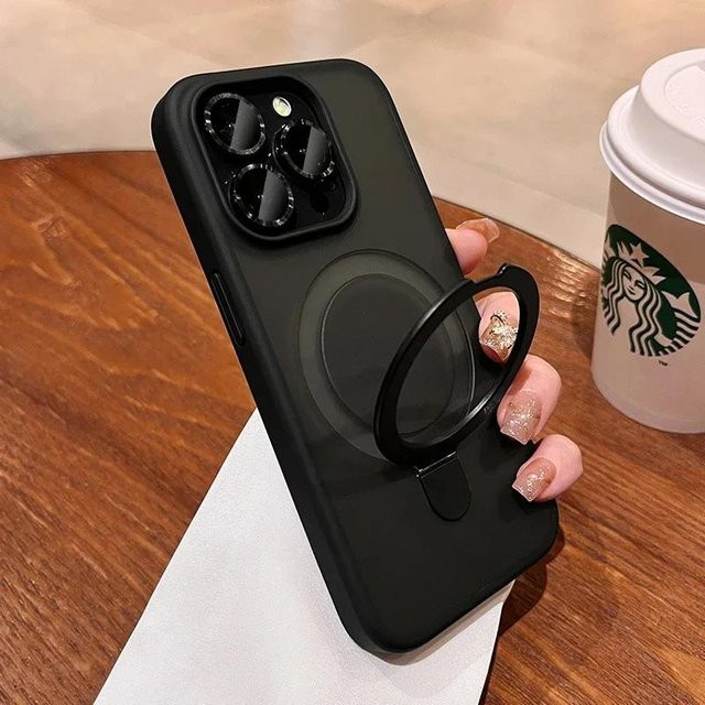 Matte Ring Halter Glas Schutzhülle für Apple iPhone 11 bis 16 Pro Max mit Magsafe magnetischer Funktion in Schwarz - Bild 1