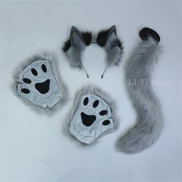 YIRAN Tierohren Schwanz Handschuhe Set, Plüsch, Grau, 1-teiliges Set - Bild 1