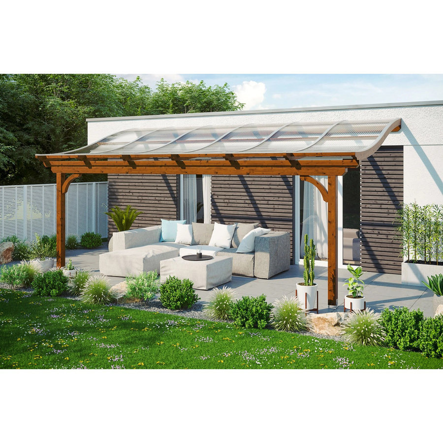 Skan Holz Terrassenüberdachung Verona aus Leimholz in Nussbaum Braun B/T/H: 648 x 339 cm mit Polycarbonat Dach - Bild 2