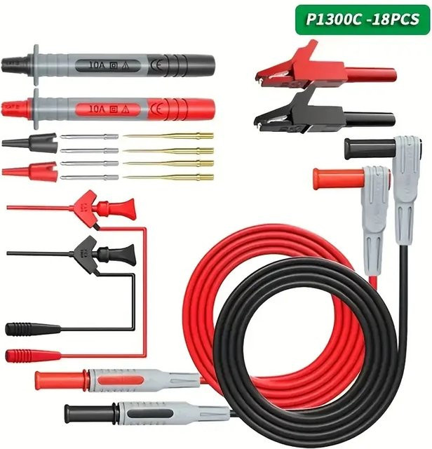 Cleqee P1300 Serie Multimeter-Messleitungssatz mit 4 mm Bananenstecker, Kabeln, Testhaken, Clips, Sonden und Krokodilklemmen in Rot - Bild 1