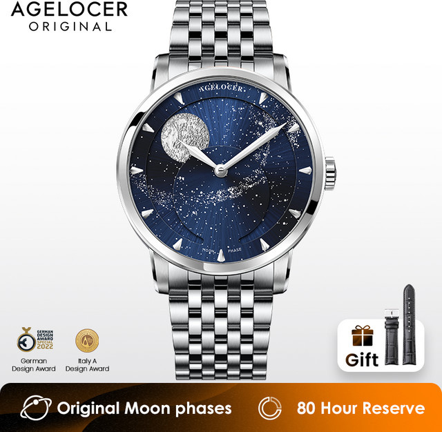 AGELOCER Armbanduhr, Automatik, Mondphase, Edelstahl, Blau, Herren - Bild 1