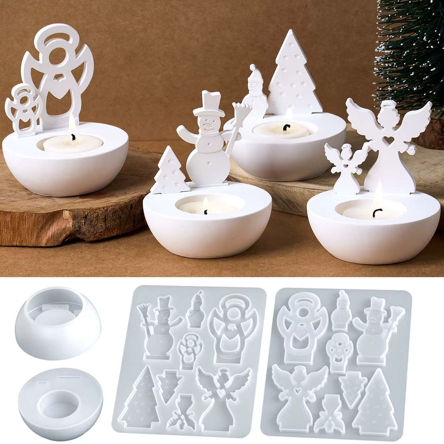 UDOCOOL Silikonform für runde Weihnachts-Kerzenhalter zum DIY-Gießen von Schneemann, Engel oder Weihnachtsbaum aus Gips und Harz, Farbe: Weiß - Bild 2
