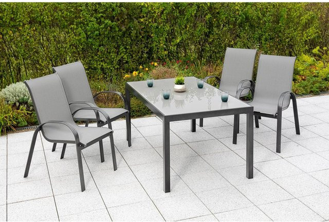Merxx Amalfi Gartenmöbelset aus Aluminium und Textil, 5-teilig mit 4 Stapelsesseln und Gartentisch, Farbe: Graphit-Grau, Tisch B: 150 cm, T: 90 cm, H: 72 cm - Bild 1