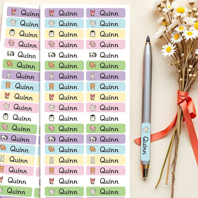 Personalisierte wasserdichte Namensaufkleber mit Tiermotiven im Kawaii-Design für Kinder, mehrfarbig - Bild 1